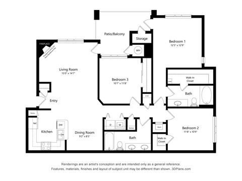 Floor plan for 3 beds, 2 baths, 1374 sqft